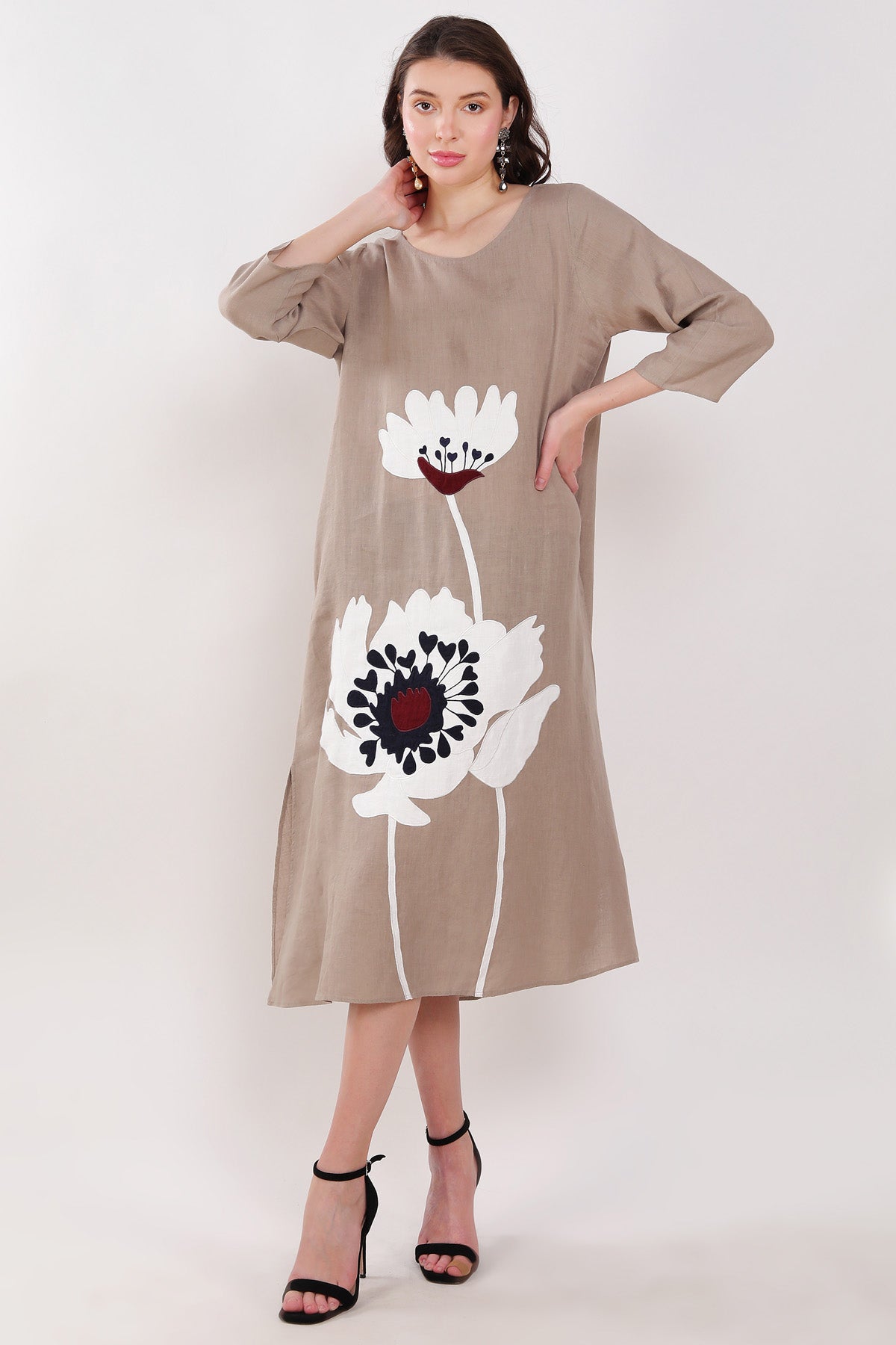 Buy Designer Khakhi Floral Embroidered Dress Online